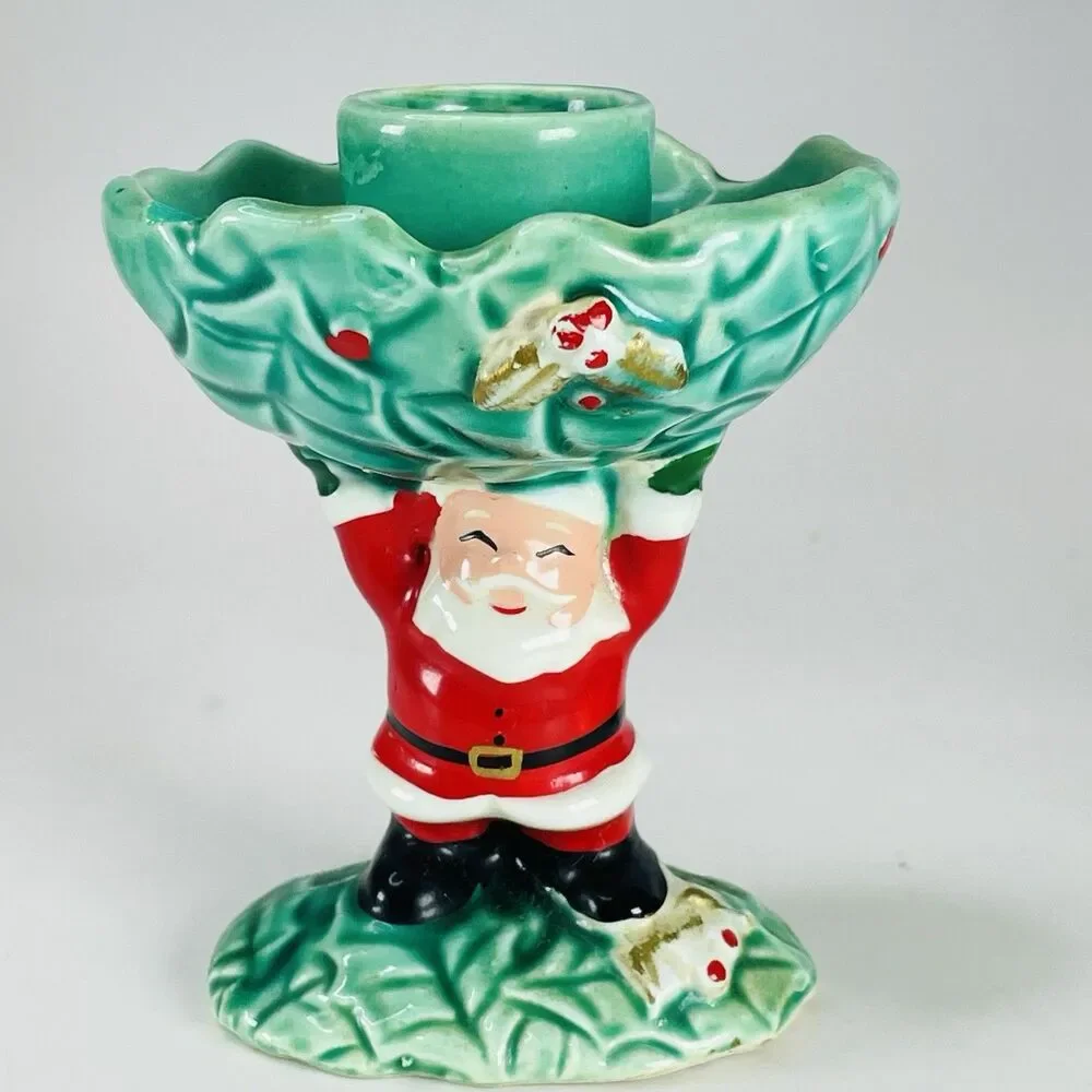 VTG NAPCO Ware Santa Christmas Set 1962 Candy Dish Candle Holder Holly Ceramic